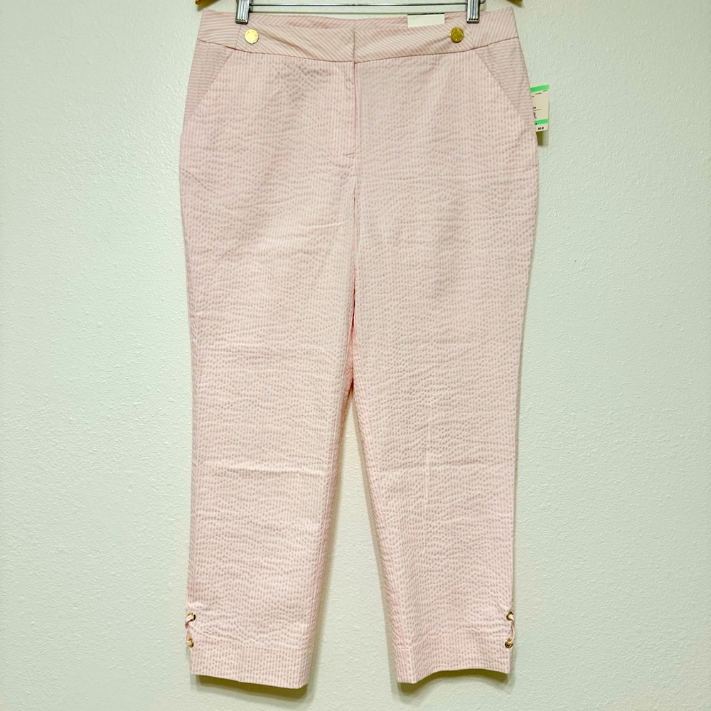 Anne Klein Woven Cherry Blossom Pink Stripes Casual Slim Crepe Capris Pants, 8
